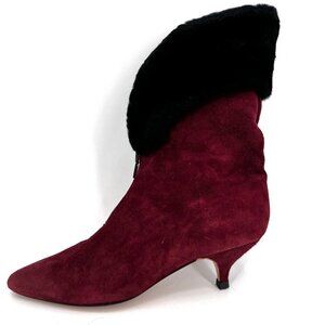 Vintage 80s Norma Kamali Kitten Heel Red Suede Booths‎ Asymmetrical Fur Top